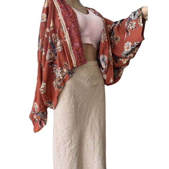 Angie Cardigan long kimono imprimé pour femme, olive, 1 x